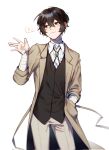  1boy bandaged_arm bandaged_neck bandages black_eyes black_hair black_vest bolo_tie brown_coat brown_pants bungou_stray_dogs closed_mouth coat collared_shirt cowboy_shot dazai_osamu_(bungou_stray_dogs) hand_up highres long_sleeves male_focus mangseok_bsd musical_note pants shirt short_hair simple_background smile solo spoken_musical_note standing vest white_background white_shirt 
