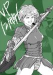  1girl 2cdcre aelia arm_guards armor boobplate breastplate copyright_name expressionless gloves greyscale holding holding_polearm holding_weapon lance looking_at_viewer monochrome polearm short_hair shoulder_pads smile solo standing tiara valkyrie_profile_(series) weapon 