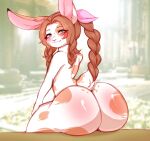  absurd_res accessory aerith_gainsborough alternate_species anthro big_butt blush braided_hair butt female fur furrification green_eyes hair hair_accessory hair_ribbon hi_res lagomorph leporid long_ears looking_at_viewer looking_back looking_back_at_viewer mammal nude rabbit rear_view ribbons rockpup241 sitting smile solo spots spotted_body spotted_fur white_body white_fur 