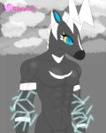  absurd_res anthro black_body blue_eyes electricity equid equine eyelashes generation_5_pokemon hi_res humanoid looking_away male mammal muscular muscular_male nintendo nude pecs pokemon pokemon_(species) renyartz serious sky solo stripes zebra zebstrika 