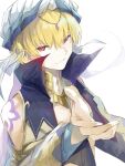  1boy bare_shoulders blonde_hair closed_mouth commentary_request ezu_(e104mjd) fate/grand_order fate_(series) gilgamesh_(caster)_(fate) gilgamesh_(fate) high_collar highres looking_at_viewer male_focus red_eyes short_hair shoulder_tattoo sideways_glance solo tattoo upper_body white_background 