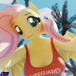  3d_(artwork) anthro digital_media_(artwork) english_text equid equine female first_person_view fluttershy_(mlp) friendship_is_magic hasbro hi_res lifeguard lifeguard_swimsuit looking_at_viewer mammal my_little_pony palm_tree pegasus plant shadowboltsfm solo text tree wings 