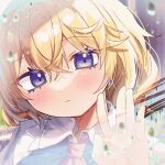  1girl against_glass alice_margatroid blonde_hair blue_dress blue_eyes blush capelet closed_mouth dress hair_between_eyes haruwaka_064 highres portrait rain short_hair signature solo touhou water_drop white_capelet wiping 