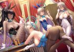  5girls akane_(blue_archive) akane_(bunny)_(blue_archive) animal_ears arm_support ass asuna_(blue_archive) asuna_(bunny)_(blue_archive) backless_leotard bare_shoulders bent_over black_leotard blonde_hair blue_archive blue_eyes blue_leotard breasts brown_pantyhose cameltoe cleaning_&amp;_clearing_(blue_archive) coin covered_nipples cup dark-skinned_female dark_skin double_v drinking_glass fake_animal_ears fake_tail fishnet_pantyhose fishnets gloves grin halo high_ponytail holding holding_cup karin_(blue_archive) karin_(bunny)_(blue_archive) large_breasts leotard light_brown_hair long_hair medium_breasts multiple_girls official_alternate_costume pantyhose playboy_bunny poker_chip poker_table rabbit_ears rabbit_tail sideboob sitting sitting_on_table smile table tail tako_seijin toki_(blue_archive) toki_(bunny)_(blue_archive) v very_long_hair white_gloves white_leotard white_pantyhose yellow_eyes 