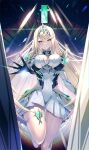  1girl bare_shoulders blonde_hair breasts circlet cleavage cleavage_cutout closed_mouth clothing_cutout core_crystal_(xenoblade) dress elbow_gloves gloves glowing highres inoue_takuya_(tactactak) large_breasts long_hair looking_at_viewer mythra_(xenoblade) solo standing standing_on_one_leg thigh_strap very_long_hair white_dress white_gloves xenoblade_chronicles_(series) xenoblade_chronicles_2 yellow_eyes 