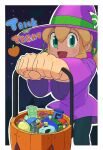  1girl black_leggings blonde_hair bow candy commentary dress food foreshortening gameguran green_eyes halloween_bucket halloween_costume hat hat_bow highres jack-o&#039;-lantern leggings mega_man_(classic) mega_man_(series) open_mouth purple_dress roll_(mega_man) short_dress smile solo trick_or_treat witch_hat 