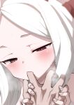  1boy 1girl ahoge black_horns blue_archive blush commentary finger_sucking half-closed_eyes hand_grab highres hina_(blue_archive) hitotose_rin horns long_hair looking_at_hand pov pov_hands purple_eyes revision saliva solo_focus sweat symbol-only_commentary white_hair 