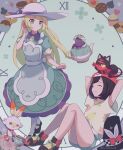  2girls 343rone absurdres apron bare_legs black_footwear black_hair blonde_hair blunt_bangs blush_stickers closed_eyes closed_mouth commentary_request dress eyelashes green_dress green_eyes green_shorts grin hand_up hat hat_removed hat_ribbon headwear_removed highres knees lillie_(pokemon) lillie_(special_costume)_(pokemon) litten long_hair multiple_girls official_alternate_costume on_head pantyhose pokemon pokemon_(creature) pokemon_(game) pokemon_masters_ex pokemon_on_head pokemon_sm polteageist purple_ribbon ribbon scorbunny selene_(pokemon) shirt shoes short_sleeves shorts smile sun_hat teeth top_hat undershirt white_headwear white_pantyhose yellow_shirt 