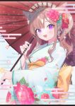  1girl :d animal_ears blue_kimono breasts cat_ears cat_girl final_fantasy final_fantasy_xiv floral_print flower funa_(sakana) hair_flower hair_ornament highres japanese_clothes kimono light_brown_hair long_hair long_sleeves looking_at_viewer medium_breasts miqo&#039;te oil-paper_umbrella purple_eyes smile umbrella warrior_of_light_(ff14) wide_sleeves 