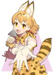  1girl animal_ears belt blonde_hair bow bowtie burikarun cat_ears cat_girl cat_tail elbow_gloves extra_ears food gloves kemono_friends looking_at_viewer oden serval_(kemono_friends) serval_print shirt short_hair simple_background skirt sleeveless sleeveless_shirt solo tail yellow_eyes 