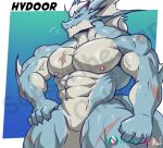  abs anthro black_sclera blue_body dragon hair hi_res hydoor lifewonders live_a_hero male masterelrest muscular muscular_anthro muscular_male nipples nude pecs scalie scar slit solo white_hair yellow_eyes 
