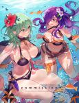  2girls air_bubble anthias_(fish) bikini black_bikini breasts bubble byleth_(female)_(fire_emblem) byleth_(female)_(summer)_(fire_emblem) byleth_(fire_emblem) cape cleavage commission coral dagger english_commentary fire_emblem fire_emblem:_three_houses fire_emblem_heroes fire_emblem_warriors:_three_hopes fish flower green_eyes green_hair hair_flower hair_ornament hair_over_one_eye highres knife large_breasts long_hair medium_hair multiple_girls official_alternate_costume purple_eyes purple_hair seafloor shez_(female)_(fire_emblem) shez_(female)_(summer)_(fire_emblem) shez_(fire_emblem) smile starfish sumustard swimsuit thighlet thighs tropical_fish underwater weapon 