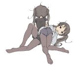  2girls ahoge all_fours black_shirt black_shorts brown_eyes brown_hair covered_mouth covering_mouth flat_color from_behind full_body grey_hoodie grey_shorts hand_on_another&#039;s_hip highres hood hood_down hoodie kikai_(akita_morgue) knee_up long_hair long_sleeves looking_at_viewer lying multiple_girls no_shoes original pantyhose pinching_sleeves polka_dot polka_dot_pantyhose polka_dot_shirt shirt short_shorts short_sleeves shorts simple_background twintails unmoving_pattern white_background 