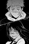  1boy 1girl artist_name black_background black_hair body_switch chainsaw_man commentary_request evil_grin evil_smile greyscale grin highres jujutsu_kaisen long_hair looking_at_viewer madaosw monochrome personality_switch ryoumen_sukuna_(jujutsu_kaisen) scar scar_on_face school_uniform short_hair simple_background smile twitter_username yoru_(chainsaw_man) 