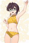  1girl absurdres arm_up bikini black_hair blue-framed_eyewear breasts clenched_hand commission crossed_bangs glasses green_eyes highres kanmiya_shinobu kantai_collection multicolored_hair okinami_(kancolle) okinami_kai_ni_(kancolle) pink_hair polka_dot polka_dot_bikini simple_background skeb_commission small_breasts solo swimsuit waving yellow_bikini 