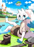  anthro armor blue_eyes blue_sky castle clothed clothing cloud footwear fur glistening glistening_eyes grin hair hi_res looking_at_viewer male outside partially_submerged penguinexperience pink_nose plant shoes sitting sky smile solo tree white_body white_fur white_hair 