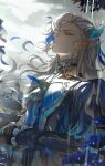  1boy ascot blue_gemstone gem genshin_impact grey_eyes highres long_sleeves male_focus neuvillette_(genshin_impact) pointy_ears rain solo tomanattsu white_ascot white_hair 