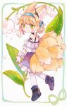  1girl absurdres animal_ear_fluff animal_ears arknights bare_shoulders black_footwear blonde_hair blue_bow blue_hairband blush bow braid braided_hair_rings closed_mouth commentary dress earpiece flower fox_ears fox_girl fox_tail frilled_sleeves frills from_behind full_body green_eyes hair_bow hair_rings hairband highres kitsune kyuubi lily_of_the_valley looking_at_viewer looking_back multiple_tails name_connection object_namesake oripathy_lesion_(arknights) purple_dress scrunchie shoes short_hair smile solo suzuran_(arknights) tail vito_(vito_12) wrist_scrunchie 