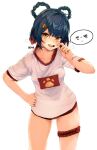  1girl 2049_(hh5566) blue_hair blush braided_hair_rings breasts commentary_request dark_blue_hair genshin_impact hair_rings hand_on_own_hip korean_commentary korean_text looking_at_viewer no_pants open_mouth pixel_art print_shirt shirt short_hair short_sleeves simple_background small_breasts solo sweat teeth translation_request upper_teeth_only white_background white_shirt xiangling_(genshin_impact) yellow_eyes 