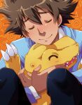  1boy absurdres agumon amukauroy black_pants blue_shirt brown_hair closed_eyes digimon digimon_(creature) highres hug orange_background pants patterned_background shirt short_hair yagami_taichi 