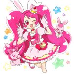  1girl ;d animal_ears blush bow cake cake_hair_ornament choker commentary_request cure_whip dress earrings extra_ears flower food food-themed_hair_ornament food-themed_ornament fruit_brooch gloves hair_ornament healin&#039;_good_precure healing_animal hoppetoonaka3 jewelry kirakira_precure_a_la_mode long_hair magical_girl one_eye_closed open_mouth pink_choker pink_corset pink_eyes pink_footwear pink_hair pom_pom_(clothes) pom_pom_earrings precure rabbit rabbit_ears rabirin_(precure) sharuru_(dokidoki!_precure) simple_background smile star_(symbol) strawberry_brooch strawberry_shortcake twintails usami_ichika v 