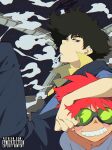  1boy 1girl absurdres aetherion age_difference artist_name blush_stickers child cigarette cowboy_bebop edward_wong_hau_pepelu_tivrusky_iv goggles highres science_fiction shirt smile smoke smoking space spike_spiegel star_(sky) teeth yellow_shirt 