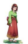  1girl blush brown_hair erika_(pokemon) eyelashes floral_print full_body grass green_kimono grey_eyes grey_footwear hairband hakama hakama_skirt highres japanese_clothes kimono long_sleeves looking_at_viewer medium_hair parted_lips pokemon pokemon_(game) pokemon_lgpe red_hakama sandals sash skirt socks solo standing white_background yugen99 