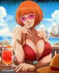  1girl aged_up artist_name biting biting_own_lip bob_cut bracelet breasts cigarette cleavage day drink drinking_straw food fruit hat highres holding holding_cigarette instagram_logo instagram_username jewelry large_breasts log_pose looking_at_viewer nami_(one_piece) one_piece orange_(fruit) orange_hair orange_slice pink-tinted_eyewear rakkarts ring short_hair solo straw_hat sunglasses tattoo thousand_sunny tinted_eyewear upper_body watermark 