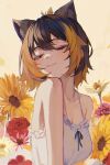  1girl absurdres alternate_costume animal_ear_fluff animal_ears black_ribbon blonde_hair breasts camisole cat_ears cleavage collarbone flower frilled_camisole frills head_tilt highres kemonomimi_mode medium_breasts multicolored_hair naokomama nijisanji nijisanji_en petra_gurin red_flower red_rose ribbon rose short_hair smile solo streaked_hair sunflower virtual_youtuber white_camisole white_flower yellow_flower 