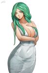  1girl absurdres bare_arms bare_shoulders breasts cleavage commentary covered_navel cowboy_shot dress fire_emblem fire_emblem:_three_houses gelldraws green_eyes green_hair highres large_breasts long_hair looking_at_viewer parted_lips rhea_(fire_emblem) simple_background sleeveless sleeveless_dress solo standing white_background white_dress 