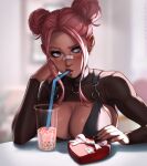  1girl artist_name bandaid bandaid_on_face bandaid_on_nose black_nails blurry blurry_background box breasts bubble_(dandon_fuga) bubble_tea cleavage covered_collarbone dandon_fuga dark-skinned_female dark_skin double_bun drink drinking drinking_straw drinking_straw_in_mouth earrings grey_eyes hair_bun hand_on_own_cheek hand_on_own_face heart-shaped_box jewelry large_breasts lips o-ring original pink_hair ribbon short_hair shrug_(clothing) sidelocks solo upper_body white_ribbon 
