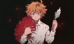  1girl artist_name black_background closed_mouth collared_shirt emma_(yakusoku_no_neverland) flower green_eyes highres holding holding_flower holding_quill long_sleeves looking_at_viewer neck_tattoo neekosiah number_tattoo orange_hair petals quill red_flower shirt short_hair simple_background solo tattoo upper_body white_footwear white_shirt yakusoku_no_neverland 