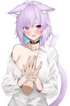  1girl absurdres animal_collar animal_ear_fluff animal_ears blush breast_grab cat_ears cat_girl cat_tail collar colored_inner_hair disembodied_limb grabbing highres hololive multicolored_hair nekomata_okayu open_clothes open_mouth open_shirt purple_eyes purple_hair short_hair simple_background smile solo tail virtual_youtuber white_background yuya_(pixiv37335712) 