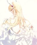  1girl agulo back backlighting blonde_hair dress elbow_gloves frilled_dress frills from_behind gloves highres long_hair off_shoulder pale_color pale_skin rance_(series) rance_ix shaded_face sheila_helman simple_background skirt_hold solo white_background 