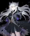  1girl animal_ear_fluff animal_ears arknights black_background black_coat black_dress black_gloves blue_coat breasts buttons coat collared_coat cross dress english_commentary floating_clothes floating_hair fur_trim gloves grey_eyes grey_hair hair_between_eyes hair_ornament hairclip highres itonatsu_pino lappland_(arknights) lappland_(refined_horrormare)_(arknights) light_particles long_hair long_sleeves looking_at_viewer medium_breasts multicolored_coat open_clothes open_coat originium_arts_(arknights) oripathy_lesion_(arknights) parted_lips pointing pointing_at_viewer pointing_forward scar scar_across_eye scar_on_face simple_background solo standing wide_sleeves wolf_ears wolf_girl 