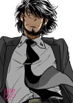  1boy beard belt black_belt black_hair black_jacket black_necktie blood blood_on_clothes closed_mouth collared_shirt dated facial_hair from_below grey_pants hair_over_one_eye highres jacket jigen_daisuke long_sideburns long_sleeves lupin_iii male_focus messy_hair michio_(hara78994098) necktie pants pov red_eyes shirt short_hair sideburns signature simple_background solo tie_clip white_background white_shirt 