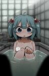  1girl 1other bath bathing bathroom blue_eyes blue_hair blunt_bangs blush breasts censored character_censor collarbone commentary_request completely_nude faucet full_body hair_between_eyes hair_bobbles hair_ornament highres indoors kawashiro_nitori komeiji_satori long_bangs looking_at_viewer medium_breasts medium_hair novelty_censor nude onaji_(sokudo_seigen) open_mouth pov sitting solo_focus tile_wall tiles touhou two_side_up water 