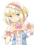  1girl alice_margatroid arnest blonde_hair blue_dress blue_eyes blush capelet closed_mouth dress hairband heart heart_hands highres lolita_hairband looking_at_viewer red_hairband short_hair short_sleeves simple_background smile solo touhou upper_body white_background white_capelet wrist_cuffs 