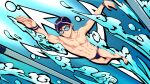  1boy abs anklet armband avan_geiserford blue_background collaboration feet goggles highres jewelry jock_studio_(blits_games) male_focus male_swimwear mikkoukun nipples non-web_source solo swim_cap swimming zamius 