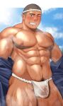  1boy abs armpit_hair armpit_hair_peek bara bare_pectorals blush bright_pupils bulge buzz_cut come_hither covered_penis feet_out_of_frame fundoshi grey_hair grin hachimaki happi headband highres japanese_clothes kansuke_(kansuke_717) kimono large_pectorals leg_hair long_sideburns looking_at_viewer male_focus male_pubic_hair mature_male muscular muscular_male navel navel_hair nipples open_clothes open_kimono original outstretched_arms pectorals pubic_hair pubic_hair_peek seductive_smile see-through short_hair sideburns smile solo sparse_navel_hair spread_arms standing steaming_body stomach strongman_waist summer_festival sweat thick_thighs thighs undressing very_short_hair very_sweaty wet wet_clothes wet_fundoshi 