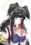 1girl absurdres belt_collar black_hair blue_archive blunt_bangs character_name coat collar commentary_request dog_girl dog_tags doggystyle droopy_ears eating food fruit goggles goggles_on_head hair_bobbles hair_ornament halo hibiki_(blue_archive) highres holding holding_food holding_fruit long_hair long_sleeves low_twintails mitsumoto_amata open_clothes open_coat parted_bangs purple_eyes sidelocks simple_background sleeveless solo twintails watermelon watermelon_slice wavy_hair white_background white_coat 