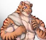  5_fingers absurd_res after_shower anthro bbrt534 blue_eyes clothed clothing drinking_milk felid fingers fur hi_res holding_object holding_towel lin_hu looking_at_viewer male mammal muscular muscular_anthro muscular_male nekojishi pantherine pecs simple_background solo striped_body striped_fur stripes studio_klondike tiger tongue tongue_out topless towel white_background 