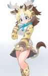  1girl animal_ears blonde_hair blue_eyes blue_scarf blush brown_hair brown_skirt brown_socks colored_skin cowboy_shot crescent crescent_earrings earrings extra_ears food giraffe_ears giraffe_girl giraffe_horns giraffe_print giraffe_tail hair_between_eyes highres horns japari_bun jewelry kemono_friends koutsuu_(koutuukanseikan) long_sleeves multicolored_hair multicolored_skin pleated_skirt print_sleeves print_socks scarf shirt sidelocks single_earring sivatherium_(kemono_friends) skirt socks solo sweatdrop tail two-tone_skin two-tone_socks white_hair white_shirt yellow_skirt yellow_socks 