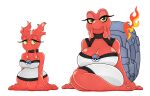  anthro big_breasts black_eyes breasts clothed clothing collar dress duo eyelashes female fire generation_2_pokemon hi_res huge_breasts magcargo nintendo pokeball pokemon pokemon_(species) red_body shell simple_background slugma urusee584 white_background white_clothing white_dress 