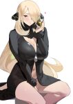  1girl between_legs black_coat black_nails blonde_hair blush bottomless breasts cleavage coat cynthia_(pokemon) fur-trimmed_sleeves fur_collar fur_trim grey_eyes hair_ornament hair_over_one_eye hand_between_legs hand_up heart ikuchan_kaoru large_breasts long_hair long_sleeves looking_at_viewer navel poke_ball pokemon pokemon_(game) pokemon_dppt puckered_lips revision simple_background sitting solo thighs ultra_ball very_long_hair white_background 
