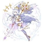  1girl blue_eyes boots capelet feathered_wings feathers full_body highres long_hair low_wings original simple_background solo swept_bangs thigh_boots very_long_hair waka_(wk4444) white_capelet white_footwear white_hair white_wings wings 