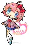  1girl acronym ahoge blue_eyes blue_footwear blue_skirt bow brown_hair brown_sweater_vest commentary doki_doki_literature_club doradorakingyo eyelashes full_body grey_jacket hair_bow jacket looking_at_viewer no_nose red_bow red_ribbon ribbon sayori_(doki_doki_literature_club) short_hair skirt socks solo sweater_vest twitter_username white_background white_socks 