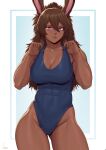  1girl absurdres adjusting_clothes adjusting_swimsuit animal_ears ass_visible_through_thighs blue_one-piece_swimsuit breasts brown_hair cleavage closed_mouth collarbone contrapposto covered_abs cowboy_shot dark-skinned_female dark_skin groin hair_between_eyes highres large_breasts long_hair looking_down muscular muscular_female one-piece_swimsuit original purple_eyes rabbit_ears rabbit_girl signature solo speedl00ver swimsuit 