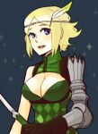  1girl blonde_hair blue_eyes breasts circlet cleavage donkuma_kakusei facing_viewer feather_hair_ornament feathers fire_emblem fire_emblem_awakening hair_ornament large_breasts looking_at_viewer noire_(fire_emblem) open_mouth smile solo teeth upper_body upper_teeth_only 