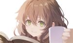  1girl aono_(aonocrotowa) book brown_hair commentary cup dot_nose eiyuu_densetsu green_eyes highres holding holding_book holding_cup looking_at_viewer mug open_book profile sen_no_kiseki short_hair sidelocks simple_background smile solo towa_herschel upper_body wavy_hair white_background 